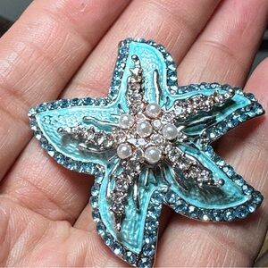 Vintage Starfish Brooch Blue Enamel Multicolor Rhinestones and Faux Pearl signed